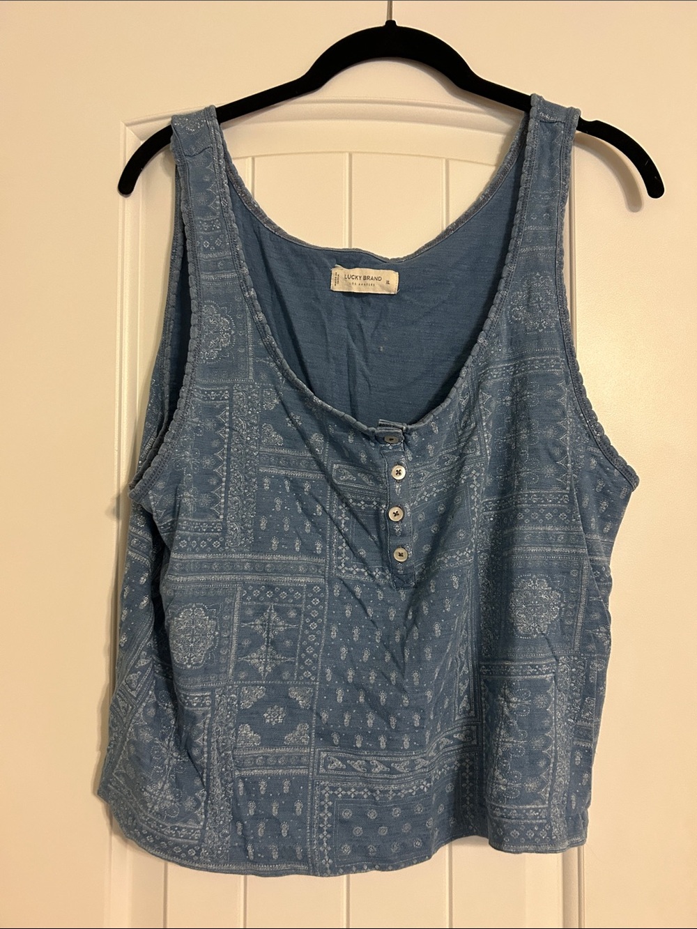 Lucky Brand Dusty Blue Patterned Henley Tank Top